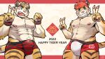  16:9 anthro bulge chinese_zodiac clothed clothing duo english_text felid gesture gym_pals h155296 hi_res male mammal nipple_piercing nipples pal_(gym_pals) pantherine piercing text tiger trilece underwear underwear_only v_sign widescreen year_of_the_tiger 
