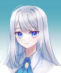  1girl artist_name ascot ban_hada blue_ascot blue_background blue_eyes collared_shirt eyebrows_visible_through_hair gradient gradient_background heart highres nijisanji nijisanji_kr portrait shirt silver_hair solo virtual_youtuber white_shirt yeon6432 