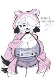  anthro big_breasts blush blush_lines bottomwear breasts canid canine canis cleavage clothed clothing collar cute_fangs cutoffs denim denim_clothing dialogue domestic_dog embarrassed female floppy_ears hair hair_over_eye hello_kitty_(character) hello_kitty_(series) hi_res hoodie mammal one_eye_obstructed puppychan puppychan48 sanrio shorts shy solo sweater talking_to_viewer topwear wide_hips 