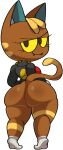  animal_crossing anthro big_butt bottomless brown_body butt clothed clothing digital_media_(artwork) domestic_cat fangs felid feline felis female fur gold_(metal) gold_jewelry hair hi_res jacket jewelry katt_(animal_crossing) looking_at_viewer looking_back mammal nintendo simple_background smile solo thick_thighs topwear video_games vilepluff white_background 