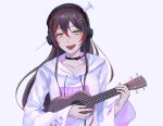  1girl bangs black_choker black_hair choker coconut_(ccn_latte) collarbone english_commentary green_eyes grey_background head_tilt headphones highres holding holding_instrument instrument long_hair mika_melatika multicolored_hair nijisanji nijisanji_id red_hair sleeves_past_wrists smile solo streaked_hair ukulele upper_body virtual_youtuber 