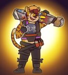  anthro clothing explosives felid fur gabe_(mytigertail) gesture grenade gun hat headgear headwear hi_res looking_at_viewer male mammal one_eye_closed orange_body orange_fur pantherine pink_marky ranged_weapon slightly_chubby smile solo stripes thumbs_up tiger weapon weapon_on_shoulder wink 