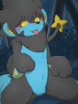  3:4 after_transformation anthro black_body black_fur blue_body blue_fur blush colored detailed_background forest fur hi_res luxray male navel nintendo open_mouth plant pok&eacute;mon pok&eacute;mon_(species) pupils red_eyes solo tongue tongue_out tree video_games yakinikuinu yellow_eyes yellow_pupils young 