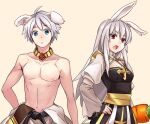  1boy 1girl :o animal_ears arch_bishop_(ragnarok_online) bangs belt black_belt blue_eyes breasts championship_belt cleavage cleavage_cutout clothes_around_waist clothing_cutout commentary_request cross dog_ears dress eyebrows_visible_through_hair grey_hair jewelry kiribox long_hair looking_at_viewer medium_breasts necklace nipples open_mouth rabbit_ears ragnarok_online red_eyes sash shirt shirt_around_waist short_hair simple_background sura_(ragnarok_online) topless_male two-tone_dress upper_body white_dress white_shirt yellow_background yellow_sash 
