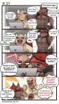  anthro boss_(gym_pals) bovid bovine canid canine canis cattle clothed clothing clothing_lift comic dialogue gym_pals h155296 hat headgear headwear hi_res male mammal manager_(gym_pals) nipple_piercing nipples piercing wolf 
