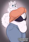  absurd_res anthro belly belly_overhang big_breasts blue_eyes bra breasts canid canine canis clothed clothing clothing_lift cumu domestic_dog eyewear female fluffy fluffy_tail fur glasses hair hi_res mammal nordic_sled_dog overweight overweight_anthro overweight_female princess_samoyed samoyed shirt shirt_lift simple_background spitz topwear underwear white_body white_fur white_hair white_tail 