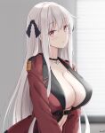  1girl artist_name bangs black_choker blush breasts choker cleavage closed_mouth coat collarbone eyebrows_visible_through_hair girls&#039;_frontline hair_ornament highres kar98k_(girls&#039;_frontline) keenh large_breasts long_hair long_sleeves looking_at_viewer red_coat red_eyes solo upper_body white_hair 