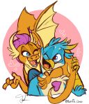  &lt;3 5_fingers anthro avian beak blue_body blue_eyes blue_feathers claws dragon duo feathers female fingers friendship_is_magic g-elric gallus_(mlp) gryphon happy hi_res male my_little_pony mythological_avian mythology one_eye_closed open_mouth open_smile orange_body scalie sharp_teeth smile smolder_(mlp) tan_body tan_feathers teeth tongue western_dragon wings 