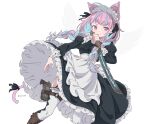  1girl ahoge animal_ears apex_legends apron b3_wingman bangs black_dress black_ribbon blue_hair braid breasts cat_ears cat_tail center_frills closed_mouth colored_inner_hair commentary_request dress eyebrows_visible_through_hair frilled_apron frilled_dress frilled_sleeves frills hair_ribbon highres holding holding_weapon hololive holster long_hair long_sleeves looking_at_viewer maid maid_headdress medium_breasts minato_aqua multicolored_hair purple_eyes purple_hair ribbon smile solo streaked_hair tail tail_ornament tail_ribbon thigh_holster thighhighs twin_braids two-tone_hair vinhnyu virtual_youtuber weapon white_apron white_legwear 