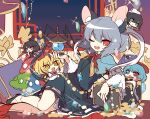  5girls :d absurdres animal_ears black_hair blue_hair bow curtains gem ghost gold green_eyes grey_hair hat highres houjuu_nue jewelry kozakura_(dictionary) mouse_ears multicolored_eyes multicolored_hair multiple_girls murasa_minamitsu nazrin necklace new_year night night_sky one_eye_closed open_mouth orange_eyes orange_hair pillow red_bow red_eyes ribbon sailor sailor_hat short_hair sitting skirt sky smile tail tatara_kogasa thighs toramaru_shou touhou treasure treasure_chest ufo umbrella undefined_fantastic_object window 