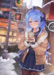  1girl absurdres alternate_costume azur_lane bag blue_hair cityscape coffee coffee_cup commentary cup disposable_cup english_commentary eyebrows_visible_through_hair handbag hat helena_(azur_lane) highres jacket kyl490 long_hair looking_at_viewer open_mouth road snow solo street traffic_light 