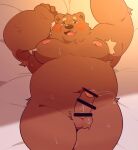  0119_muu 2022 anthro armpit_hair balls belly blush bodily_fluids body_hair brown_body erection genitals kemono lying male mammal moobs nipples overweight overweight_male penis solo sweat ursid 
