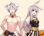  1boy 1girl animal_ears arch_bishop_(ragnarok_online) bangs belt black_belt breasts championship_belt cleavage cleavage_cutout clothes_around_waist clothing_cutout commentary_request cross dog_ears dress eyebrows_visible_through_hair grey_hair jewelry kiribox long_hair looking_at_viewer medium_breasts necklace nipples open_mouth rabbit_ears ragnarok_online red_eyes sash shirt shirt_around_waist short_hair simple_background smile sura_(ragnarok_online) topless_male two-tone_dress upper_body white_dress white_shirt yellow_background yellow_sash 