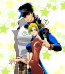  1boy 1girl ? birthmark black_hair blue_hair blush braid braided_bun braided_ponytail butterfly_tattoo collar_grab double_bun father_and_daughter green_hair joestar_birthmark jojo_no_kimyou_na_bouken kujo_jolyne kujo_jotaro long_coat midriff multicolored_hair snake_print spoken_question_mark stone_ocean tattoo tazbun two-tone_hair 