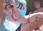  1girl 2boys arm_grab armpits arms_up bangs bare_arms bare_legs bare_shoulders bikini bikini_pull black_hair blue_sky blush breasts breasts_out censored clothed_female_nude_male clothed_sex clothes_pull cloud day double_penetration eyebrows_visible_through_hair fellatio from_below gangbang groin group_sex hetero highres holding_another&#039;s_wrist large_breasts leg_lift mmf_threesome motion_lines multiple_boys multiple_penises nipples nude ocean open_mouth oral original outdoors penis pink_bikini purple_eyes reward_available rock satsuki_neko sex sex_from_behind sky solo_focus spitroast standing standing_sex stomach string_bikini sweat swimsuit testicles thigh_grab threesome vaginal 