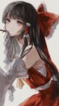  1girl black_hair bow brown_eyes detached_sleeves hair_bow hair_tubes hakurei_reimu highres long_hair nontraditional_miko red_bow red_shirt red_skirt rin_(rin7kan7) shirt sidelocks simple_background skirt skirt_set sleeveless solo touhou 