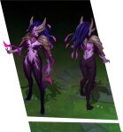  1girl alternate_costume armor ass bangs black_nails blue_hair breasts closed_mouth colored_skin full_body gem grass horns league_of_legends medium_breasts multiple_views nail_polish no_pupils outdoors pink_hair pink_skin shoulder_armor standing vladbacescu zyra 