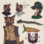  1:1 2021 ambiguous_gender annoyed anthro asher_(wondershove) black_body black_clothing black_fur black_scales black_topwear blue_sclera brown_body brown_fur canid canine carrot clothed clothing dialogue digital_drawing_(artwork) digital_media_(artwork) feral food fur green_clothing green_topwear group half-closed_eyes happy hiroshi_(wondershove) inner_ear_fluff jewelry lagomorph leporid male mammal narrowed_eyes necklace nipples plant purple_clothing purple_topwear rabbit raised_arms reptile scales scalie simple_background smile snake tan_body tan_scales topless topwear tuft underwear vegetable white_background white_body white_clothing white_fur white_topwear wondershove 