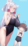  2girls :3 ahoge animal_ears aqua_background bangs black_swimsuit blunt_bangs blush breasts brown_hair commentary flat_chest fox_ears hand_on_own_chin headgear highres huge_breasts long_hair mochi_(mochi444420) multiple_girls name_tag nose_blush one-piece_swimsuit open_mouth ponytail purple_eyes short_twintails sidelocks simple_background sweat swimsuit touhoku_itako touhoku_kiritan twintails twitter_username very_long_hair voiceroid wet wet_clothes 