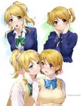  2girls alternate_hairstyle ayase_eli blonde_hair blue_bow blue_bowtie blue_eyes blush bow bowtie breasts brown_hair candy chocolate closed_mouth commentary_request food green_bow green_bowtie hair_ornament hair_scrunchie heart heart-shaped_chocolate highres koizumi_hanayo large_breasts long_sleeves looking_at_another looking_at_viewer love_live! love_live!_school_idol_project mouth_hold multiple_girls nakano_maru ponytail purple_eyes school_uniform scrunchie short_hair short_sleeves simple_background smile sweater_vest twintails twitter_username upper_body white_background white_scrunchie yuri 