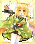  1girl :d animal_ear_fluff animal_ears argyle argyle_kimono bangs bell black_bow blonde_hair blush bow breasts brown_eyes commentary_request eyebrows_visible_through_hair food fox_ears fox_girl fox_tail green_kimono green_ribbon hair_bell hair_between_eyes hair_ornament hair_ribbon hairclip hand_up highres holding holding_tray japanese_clothes jingle_bell kimono lolita_fashion long_hair long_sleeves looking_at_viewer low_twintails medium_breasts obi original ribbon sash shikito smile solo tail thighhighs tray twintails very_long_hair wa_lolita white_legwear wide_sleeves x_hair_ornament 