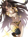  1girl armlet bangs bikini black_hair black_legwear bracelet breasts detached_sleeves earrings fate/grand_order fate_(series) gold_trim hair_ribbon hamao_1 hoop_earrings ishtar_(fate) jewelry long_hair looking_at_viewer medium_breasts mismatched_bikini neck_ring one_eye_closed parted_bangs pointing pointing_at_viewer red_eyes ribbon single_detached_sleeve single_thighhigh smile solo sparkle swimsuit thighhighs thighlet thighs tiara two_side_up 