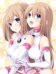  2girls :d alternate_breast_size arm_under_breasts bare_shoulders between_breasts blue_eyes blush boots breast_rest breasts brown_hair commentary_request elbow_gloves gloves hair_between_eyes happy holding_hands hug hug_from_behind iwashi_dorobou_-r- leotard long_hair looking_at_viewer medium_breasts medium_hair multiple_girls neptune_(series) open_mouth ram_(neptune_series) rom_(neptune_series) siblings sisters skin_tight skindentation smile thigh_boots thighhighs twins very_long_hair white_gloves white_leotard white_sister_ram white_sister_rom 