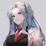  1girl angela_(lobotomy_corporation) ap5ry blue_hair breasts closed_mouth collared_shirt hairband highres lobotomy_corporation long_hair long_sleeves looking_at_viewer necktie red_hairband shirt side_ponytail simple_background solo white_background white_shirt yellow_eyes 