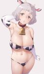  1girl :o animal_ears animal_print areola_slip areolae arm_up armpits artist_name bare_shoulders bell bikini breasts brown_eyes cleavage collar collarbone cow_ears cow_girl cow_horns cow_print cowbell cowboy_shot elbow_gloves gloves gradient gradient_background grey_background hand_in_hair head_tilt highres horns large_breasts looking_at_viewer mochi_(mochi444420) navel o-ring o-ring_bikini open_mouth original print_bikini short_hair silver_hair solo stomach strapless strapless_bikini swimsuit thighhighs twitter_username white_gloves white_legwear 