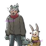  &lt;3 1:1 2020 anthro beastars blush bottomwear canid canine canis clothed clothing digital_media_(artwork) digital_painting_(artwork) domestic_rabbit duo dwarf_rabbit female fully_clothed grey_bottomwear grey_clothing grey_jacket grey_pants grey_topwear haru_(beastars) jacket lagomorph legoshi_(beastars) leporid male male/female mammal oryctolagus pants rabbit red_scarf scarf signature simple_background surprise topwear white_background wide_eyed wolf wondershove yellow_jacket 
