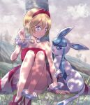  1girl absurdres against_tree anklet arm_support bangs blonde_hair blue_eyes bracelet closed_mouth cloud collar collarbone commentary_request day eyelashes flower fuyu_(utngrtn) glaceon grass hairband hand_up highres irida_(pokemon) jewelry outdoors pokemon pokemon_(creature) pokemon_(game) pokemon_legends:_arceus red_footwear red_hairband red_shirt shirt shoes short_hair shorts sitting sky smile strapless strapless_shirt tree watermark white_shorts 