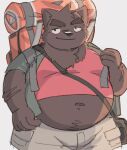  2022 absurd_res anthro backpack belly black_nose bottomwear brown_body bulge clothing hi_res humanoid_hands jamiephut kemono male mammal navel overweight overweight_male shirt shorts simple_background solo topwear 