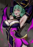  absurdres armpits bangs bewitching_elise black_dress black_headwear black_sleeves blush breasts brown_background bug detached_sleeves dress elise_(league_of_legends) eyebrows_visible_through_hair green_hair halloween highres large_breasts league_of_legends pink_dress pink_wings shiny shiny_hair short_hair signature smile solo spider sweat two-tone_dress two-tone_headwear two-tone_wings upper_body wei_miao wings 