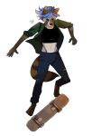  action_pose anthro barefoot blue_hair bottomwear clothing crop_top denim denim_clothing digital_media_(artwork) feet female hair hi_res jacket jeans mammal markings navel pants portaltohades pose procyonid raccoon sam_(akeashar) shirt short_hair simple_background skateboard skater skating solo striped_markings striped_tail stripes tail_markings tomboy topwear torn_bottomwear torn_clothing torn_jeans torn_pants watermark white_background 