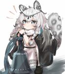  1girl :3 animal_ear_fluff animal_ears arknights bangs black_cape black_footwear blue_eyes blush braid cape chibi commentary_request dress grey_hair holding holding_weapon lbwtnnvekvk5fft long_hair looking_away multicolored_hair notice_lines pramanix_(arknights) smile solo split_mouth standing streaked_hair tail_raised twin_braids watch weapon white_background white_dress white_hair wristwatch 