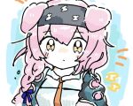  1girl animal_ears arknights bangs black_hairband blue_background blue_ribbon blush_stickers braid cat_ears closed_mouth eyebrows_visible_through_hair goldenglow_(arknights) hair_over_shoulder hair_ribbon hairband iwa_(1911_celeste) lightning_bolt_print lightning_bolt_symbol long_hair looking_at_viewer necktie orange_necktie pink_hair ribbon shirt single_braid solo upper_body white_shirt yellow_eyes 