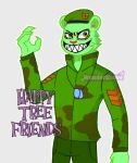  2020 anthro bottomwear claws clothed clothing digital_drawing_(artwork) digital_media_(artwork) dog_tags flippy_(htf) fully_clothed fur green_body green_bottomwear green_clothing green_fur green_headwear green_jacket green_pants green_topwear grin happy_tree_friends hat headgear headwear jacket male mammal military_cap military_uniform pants pink_nose raised_arm signature simple_background smile solo standing topwear uniform ursid white_background wondershove 