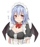  1girl alternate_costume amagi_(amagi626) arms_at_sides bangs black_dress blush bow bowtie breasts buttons center_frills cleavage closed_mouth commentary_request cropped_torso detached_collar dress enmaided eyelashes frilled_sleeves frills frown highres light_blue_hair looking_at_viewer maid maid_headdress puffy_short_sleeves puffy_sleeves red_bow red_bowtie red_eyes remilia_scarlet short_hair short_sleeves solo squiggle standing sweatdrop touhou v-shaped_eyebrows wavy_mouth wing_collar 