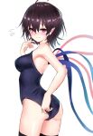  1girl ahoge armpits ass asymmetrical_wings bad_id bad_twitter_id bangs bare_shoulders black_hair black_legwear black_swimsuit blue_wings blush breasts closed_mouth frown furrowed_brow highres houjuu_nue looking_at_viewer looking_back magenta_eyes medium_breasts one-piece_swimsuit pointy_ears red_wings short_hair simple_background solo swimsuit teraguchi thighhighs touhou white_background wings 