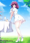  1girl blue_eyes blue_sky cloud crown dress full_body gloves henrietta_de_tristain high_heels medium_hair nafta outdoors purple_hair short_dress short_sleeves sky solo standing table tree white_dress white_footwear white_gloves zero_no_tsukaima 