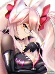  1girl absurdres animal_ear_fluff animal_ears bangs black_bodysuit blush bodysuit bow breasts center_opening choker cleavage dadachaism fate/grand_order fate_(series) fox_ears fox_girl fox_tail glasses hair_between_eyes hair_bow highres koyanskaya_(fate) large_breasts long_hair looking_at_viewer pink_bow pink_hair ponytail sidelocks smile solo tail tamamo_(fate) yellow_eyes 