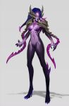  1girl armor bangs black_nails blue_hair breasts closed_mouth colored_skin concept_art full_body gradient gradient_background grey_background high_heels highres horns league_of_legends long_hair medium_breasts nail_polish navel no_pupils pink_lips pink_skin shoulder_armor solo standing vladbacescu zyra 