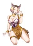  1girl absurdres ahri_(league_of_legends) animal_ears arm_support bangs bare_shoulders blonde_hair bracelet breasts brown_hair cleavage collarbone facial_mark fox_ears hand_up highres jewelry k/da_(league_of_legends) k/da_ahri kneeling large_breasts league_of_legends multicolored_hair official_alternate_costume parted_bangs saliva short_hair simple_background solo teeth tongue tongue_out two-tone_hair wei_miao whisker_markings white_background 