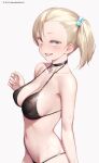  1girl :p bikini black_bikini black_choker blonde_hair blue_eyes bodypaint breasts choker commentary_request hair_ornament heart_pasties looking_at_viewer medium_breasts mochi_(mochi444420) navel original pasties short_hair side_ponytail solo swimsuit tongue tongue_out twitter_username wet 