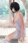  1girl amagami arm_at_side black_eyes black_hair blurry blurry_background bob_cut breasts cleavage closed_mouth commentary_request cowboy_shot depth_of_field from_side hand_up highres indoors looking_down naked_towel nanasaki_ai onsen profile revision short_hair sitting sliding_doors small_breasts smile soaking_feet solo towel water ykh1028 