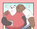  &lt;3 2022 anthro belly black_body black_nose blush bottomwear brown_body clothing duo embrace giant_panda hi_res hug hugging_from_behind humanoid_hands male male/male mammal one_eye_closed overweight overweight_male pants shirt sr_panda_86 topwear ursid white_body wink 