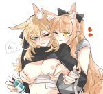  2girls animal_ear_fluff animal_ears arknights aunt_and_niece bangs blemishine_(arknights) blonde_hair blue_eyes blush bottle breast_grab bright_pupils chinese_commentary commentary_request eyebrows_visible_through_hair grabbing grabbing_from_behind groping heart holding holding_bottle horse_ears incest long_hair long_sleeves multiple_girls nipples no_bra one_eye_closed parted_lips ponytail rekka sarashi short_sleeves shrug_(clothing) simple_background spoken_squiggle squiggle sweatdrop upper_body very_long_hair whislash_(arknights) white_background yellow_eyes yuri 