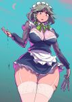  1girl apron ass_visible_through_thighs between_fingers braid enajii highres izayoi_sakuya knife maid maid_apron maid_headdress red_eyes short_hair silver_hair solo thigh_strap thighhighs touhou twin_braids waist_apron 