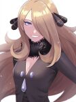  1girl blonde_hair blue_eyes blurry breasts brown_coat cleavage coat commentary cynthia_(pokemon) eyelashes fur_collar hair_ornament hair_over_one_eye highres kosi long_hair looking_at_viewer pokemon pokemon_(game) pokemon_dppt shiny shiny_hair smile solo upper_body 