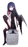  1girl :d animal bangs bat bat_wings black_dress black_legwear black_wings blood blood_on_face blood_on_hands blue_hair breasts dress eyebrows_visible_through_hair fangs gnns heart heart_(organ) highres holding holding_heart knee_up long_hair multicolored_hair no_shoes original red_eyes short_sleeves simple_background sitting small_breasts smile solo streaked_hair thighhighs torn_wings vampire white_background wings 